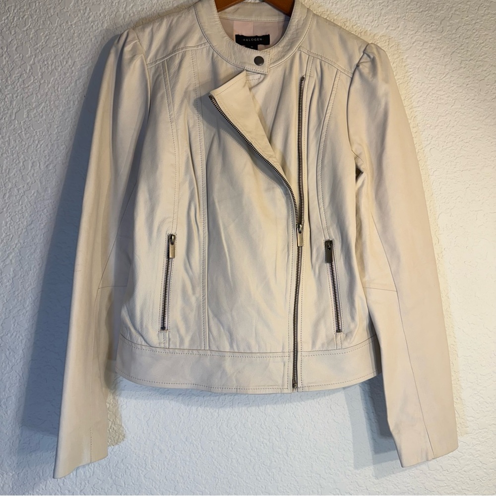 Halogen cream blush pink lined leather moto jacket. Size M. Asymmetrical Zip